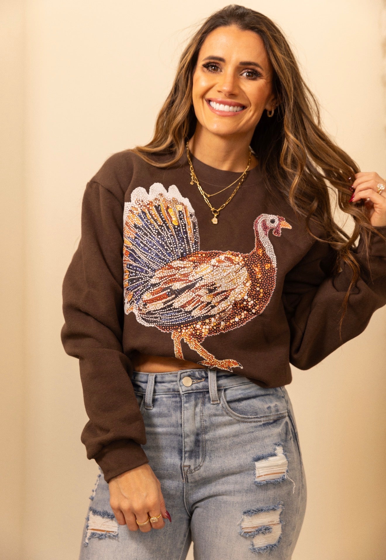 Faux Rhinestone Turkey, Cozy Autumn Sweatshirt, Wild Life Sweatshirt