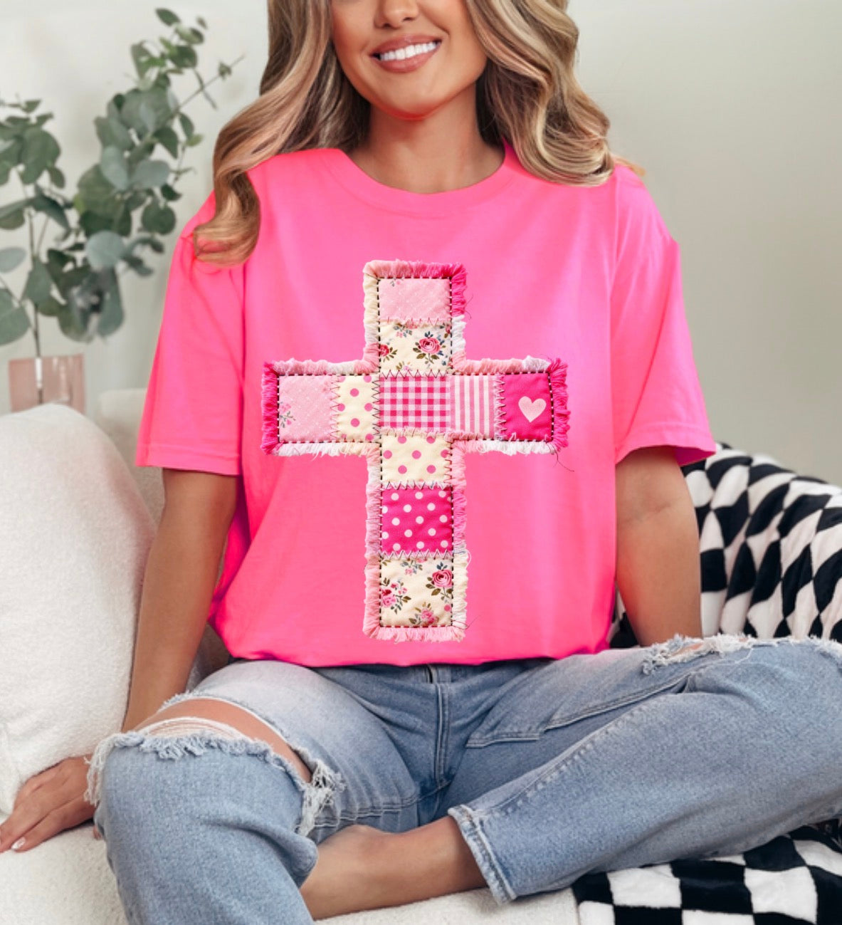 FAUX Patchwork , DTF Print, Valentine Cross, Trendy Valentine, Valentine's Day, Jesus Valentine, Valentine Heart, Christian Sweatshirt (NOT Real Fabric Patches) (Website)