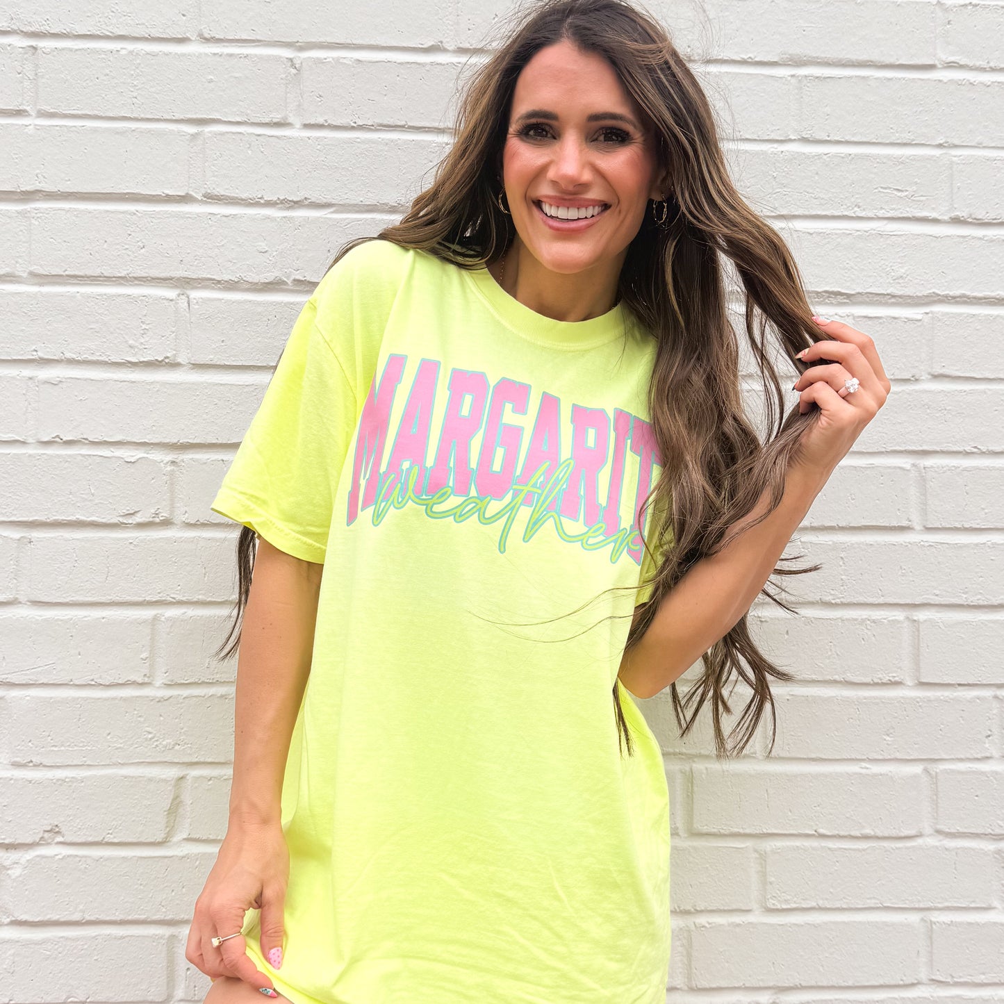 Margarita weather Distressed Varsity, Summer Shirt, Trendy Summer, hot pink, teal, Aesthetic Summertime Distressed T-shirt (Website)