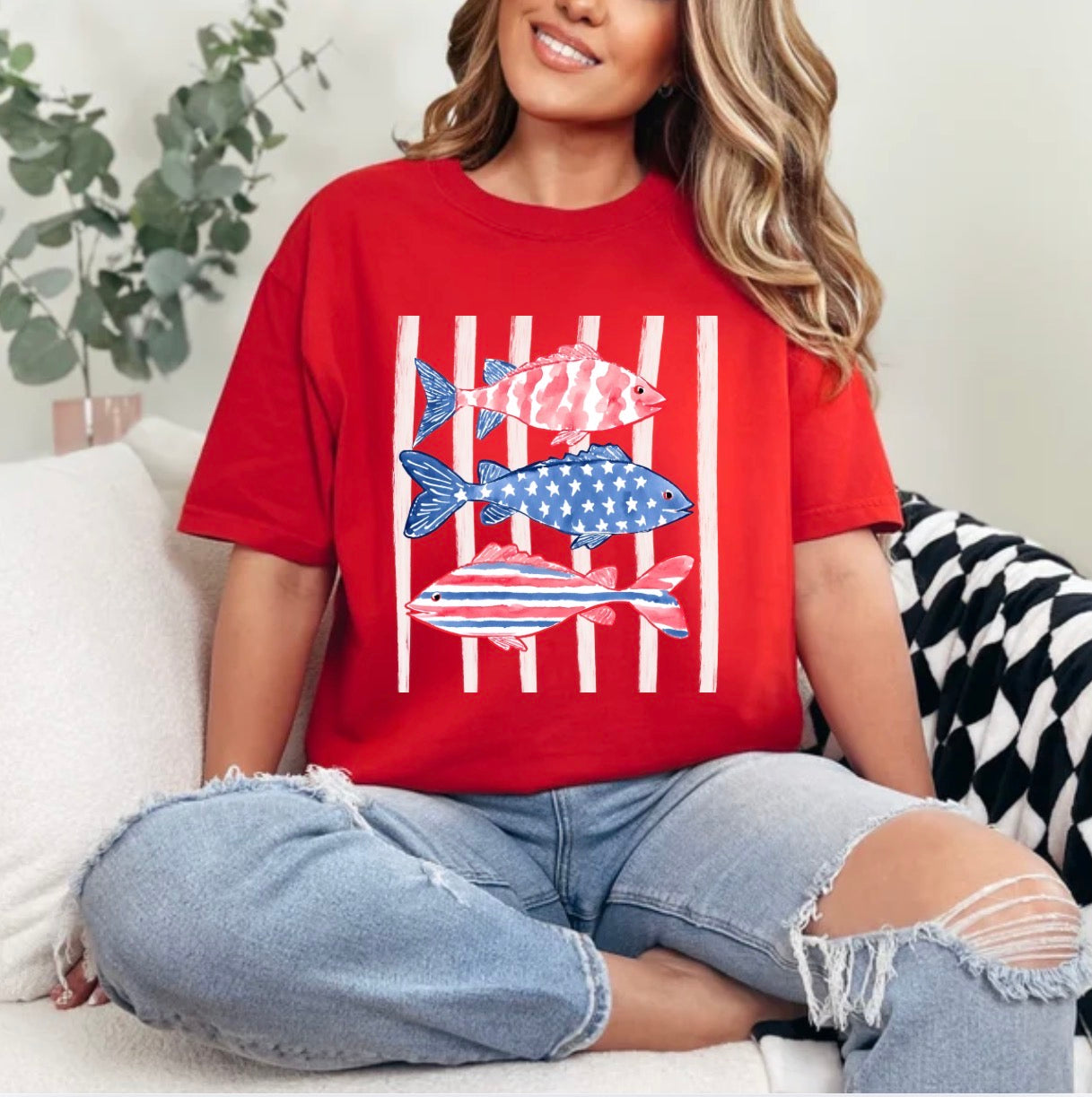 Patriotic Fish Trio, Red White Blue Coastal Fish, Americana Summer Fishing, Watercolor Nautical T-shirt