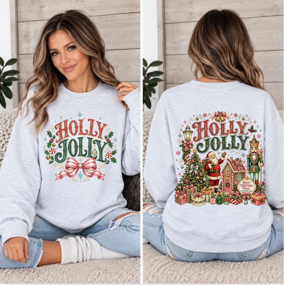 Holly Jolly Front and Back, Retro Santa, Christmas Tree, Nutcracker, Gingerbread House, Coquette, Girly, Bow, Holiday Sweatshirt