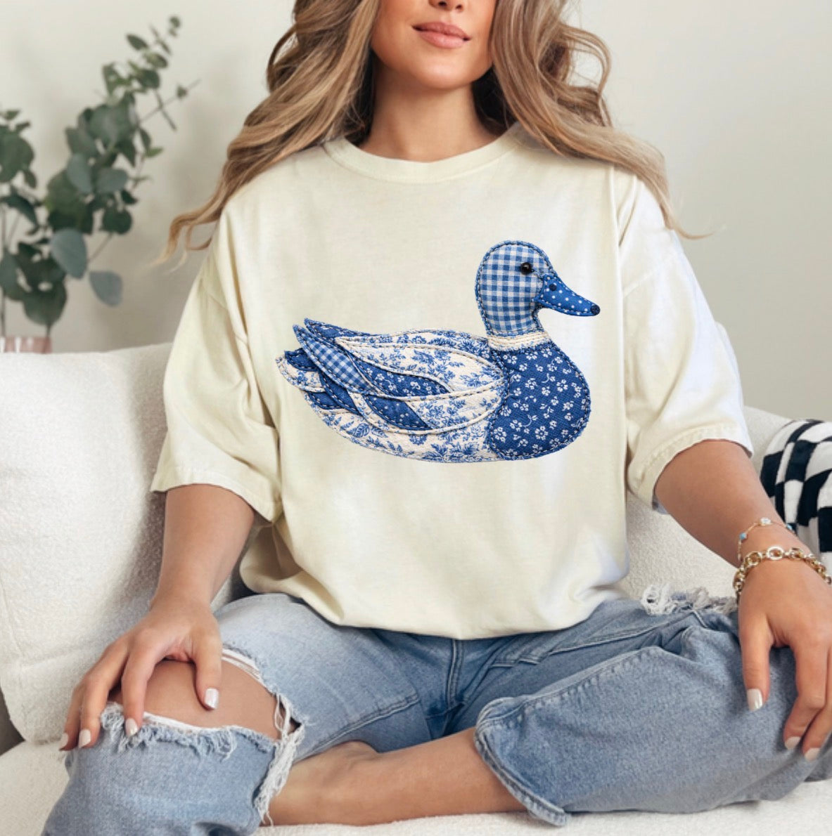 FAUX DTF Print Patchwork Blue Toile Mallard Duck, FAUX Patchwork Duck, Shabby Chic (NOT Real Fabric Patches) T-Shirt