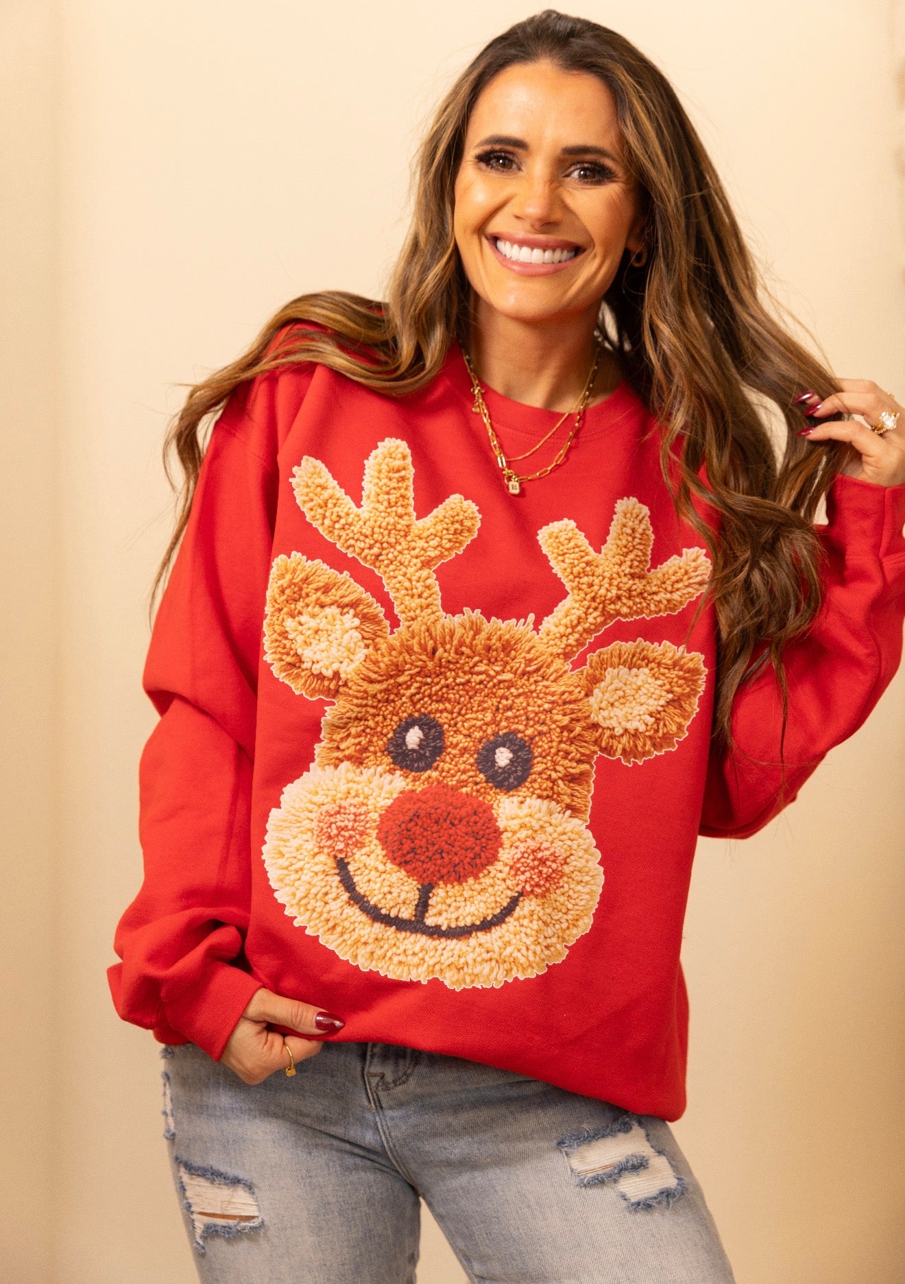 Faux Yarn Crochet, Red Nose Reindeer, holiday Sweatshirt