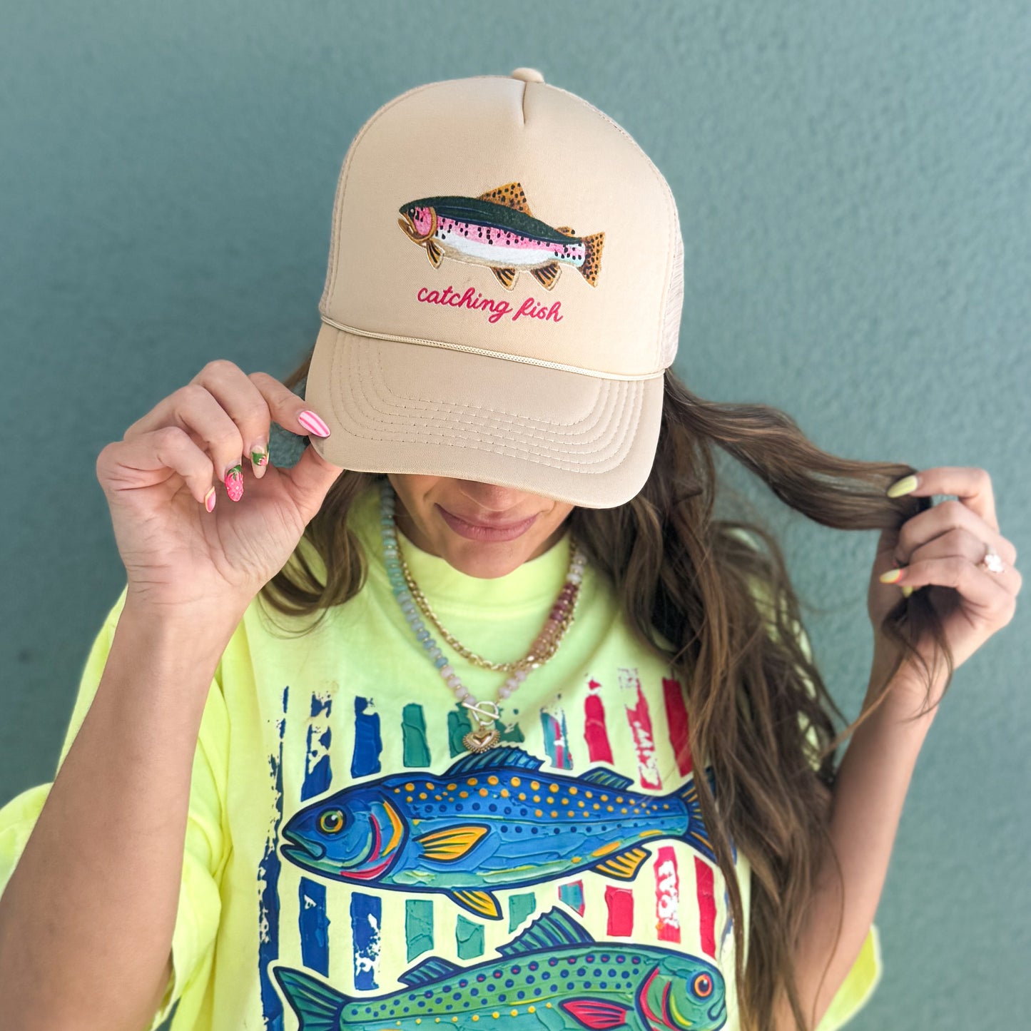 Faux Embroidered Rainbow Trout Catching Fish, Watercolor Fish, Fishing Trucker Hat