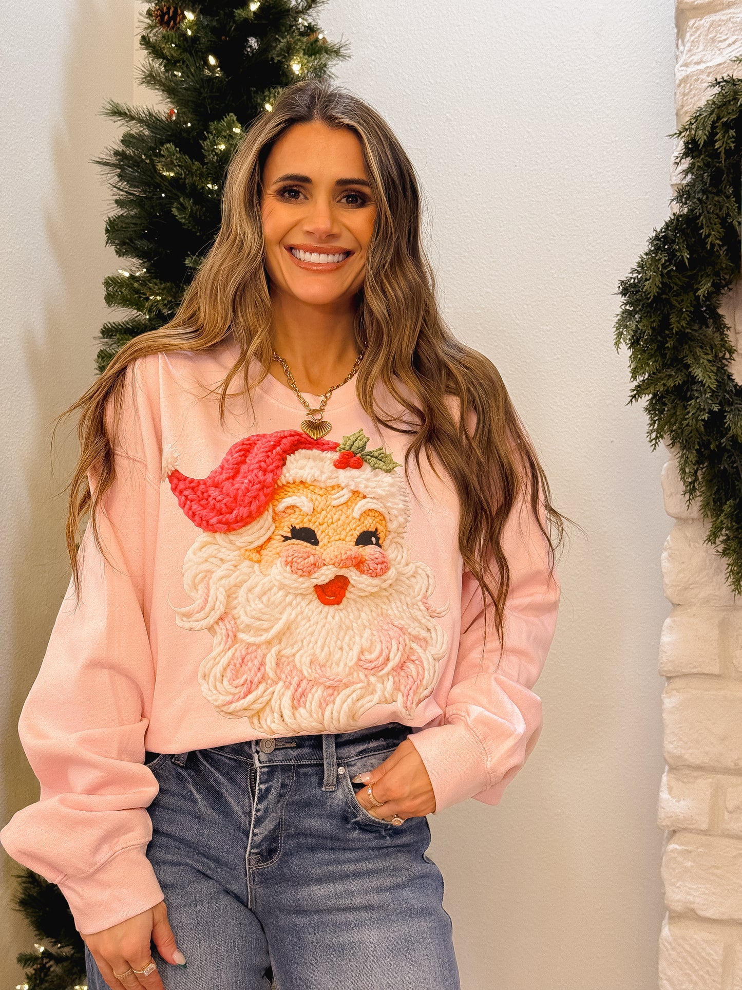 Faux Yarn, Pink Santa ,Holiday Sweatshirt