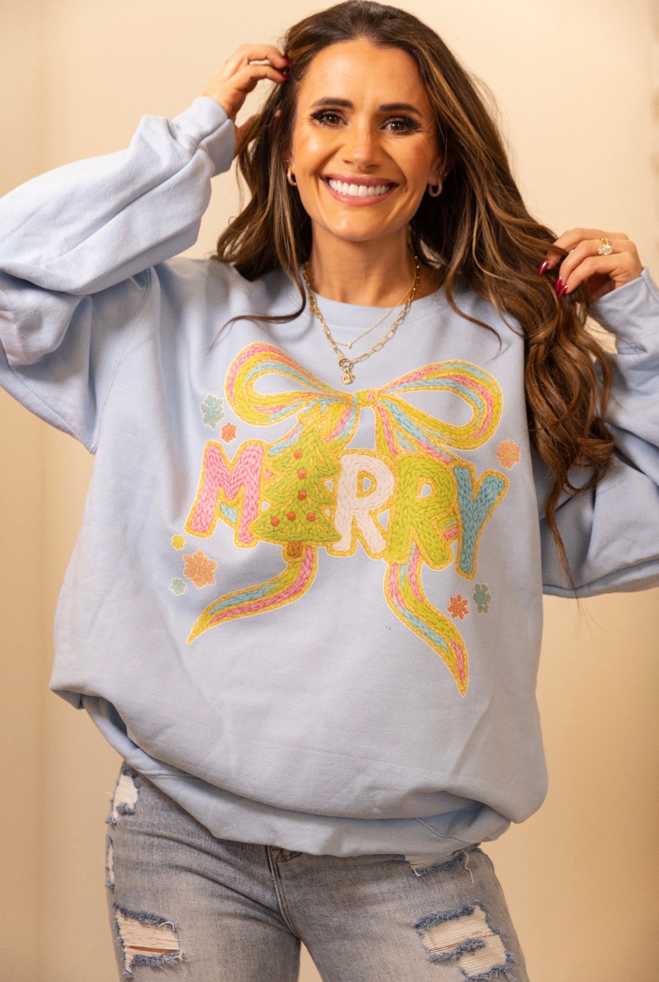 Merry Faux Yarn,Christmas Coquette, Preppy Bow Holiday Sweatshirt