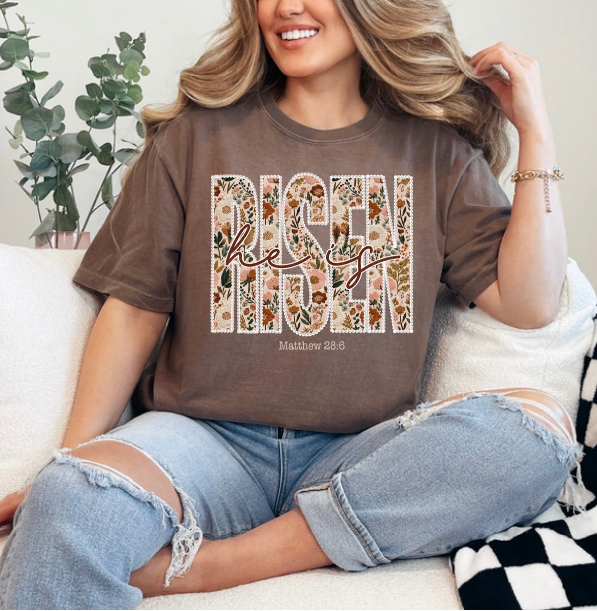 He Is Risen Floral, Matthew 28:6, Easter, Christian, Religious, Spring, Faith, Easter Tshirt (Website)