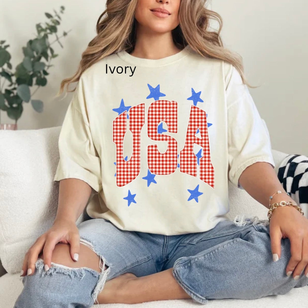 Retro Gingham USA, Patriotic Usa, Retro Gingham America, Fourth of July, Trendy America T-shirt