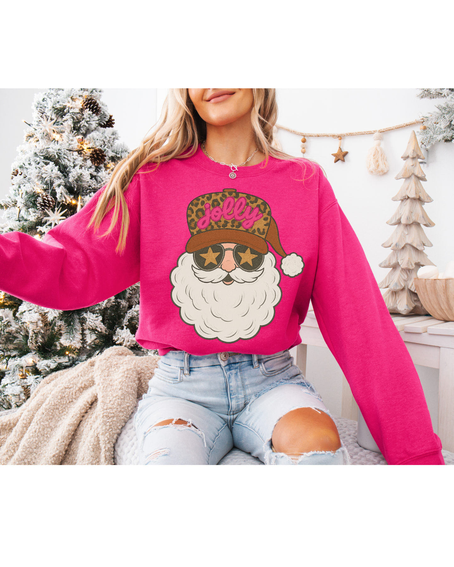 Cheetah Trucker Hat Santa, Funky Jolly Claus with Sunglasses & Hat, Retro santa holiday Sweatshirt
