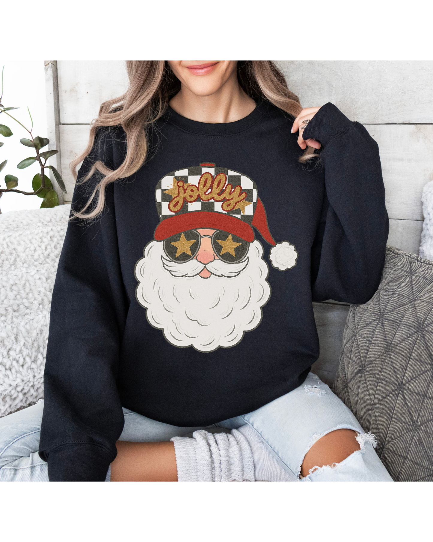 Checkered Trucker Hat Santa, Funky Jolly Claus with Sunglasses & Hat, Retro santa holiday Sweatshirt