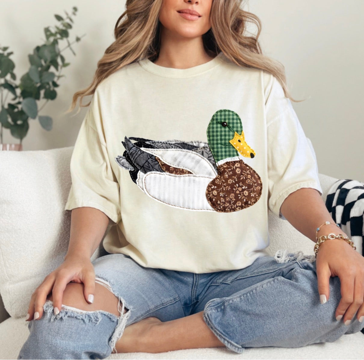 Faux DTF Print Neutral Patchwork Mallard T-shirt