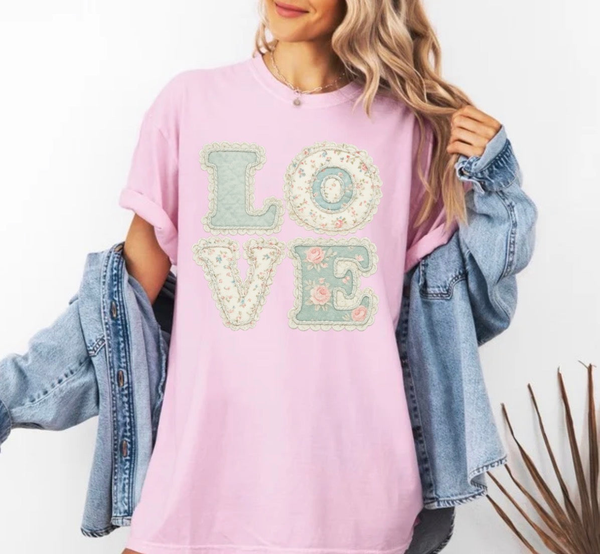 FAUX LOVE Stacked Patchwork Letters, Shabby Chic Floral, Valentine’s Day (NOT Real Fabric Patches)Sweatshirt