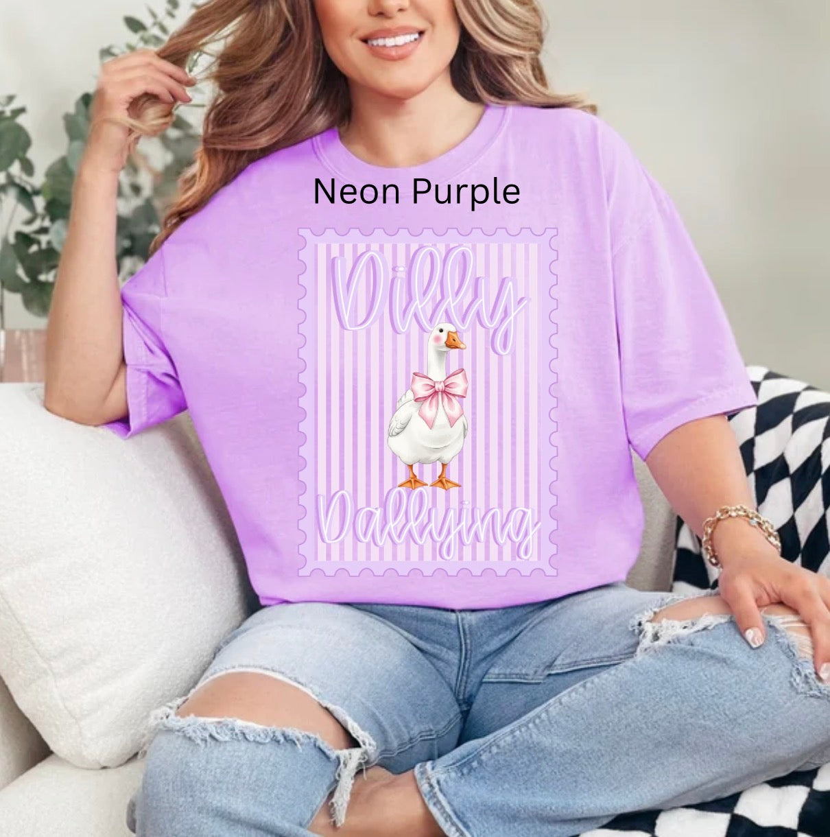 Purple Preppy Dilly Dally, Coquette Bow Goose, Funny Goose, Retro Striped Bow Goose T-shirt