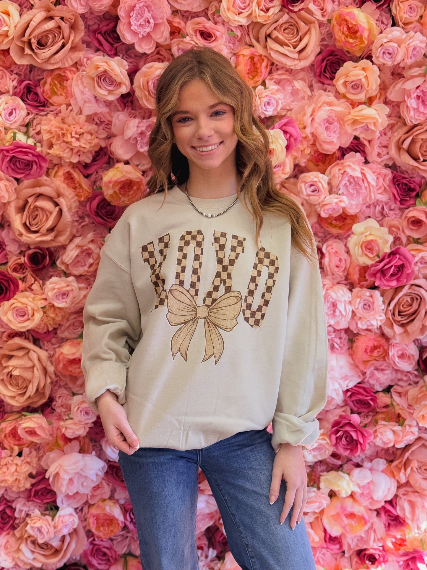 Checkered XOXO, Brown/Tqn Neutral xoxo, valentines day, valentines, heart, xoxo, Sweatshirt