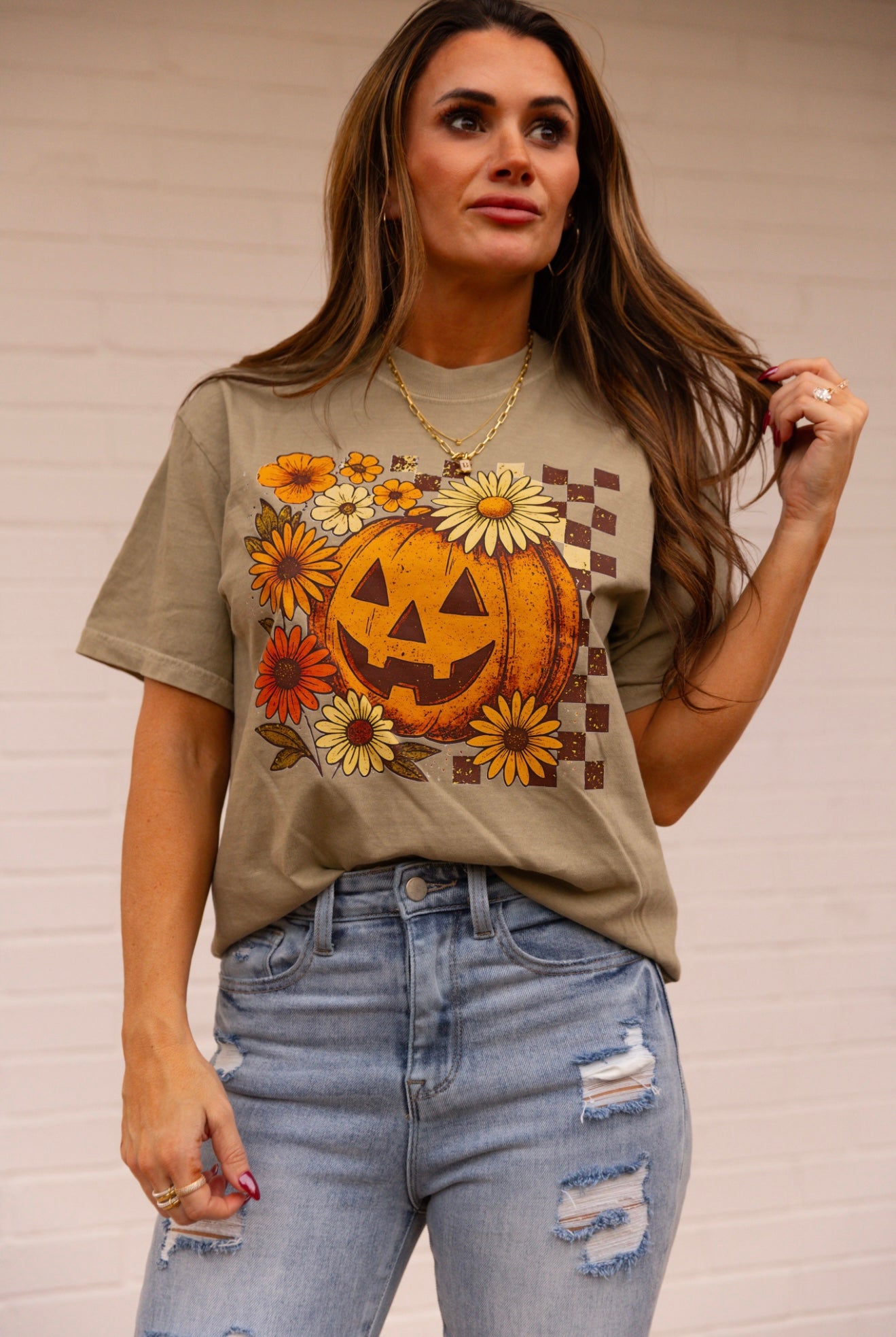 Checkered Floral Pumpkin T-shirt