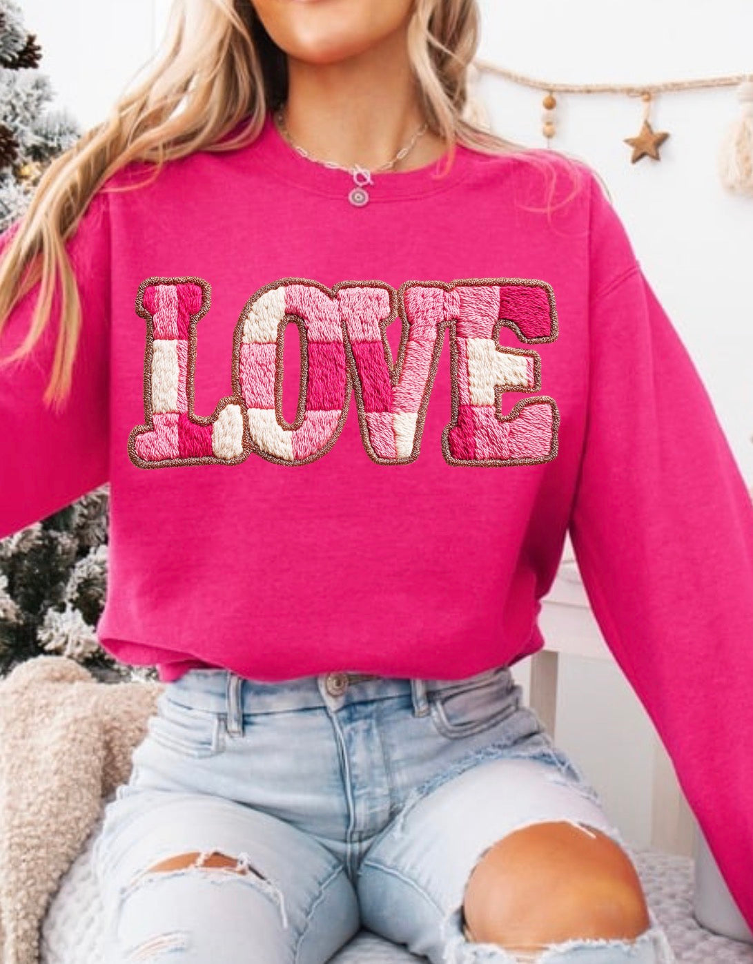 Faux Yarn LOVE, Love Varsity, Love Latch hook, Trendy Valentine, Vday Preppy, Valentines Day Sweatshirt