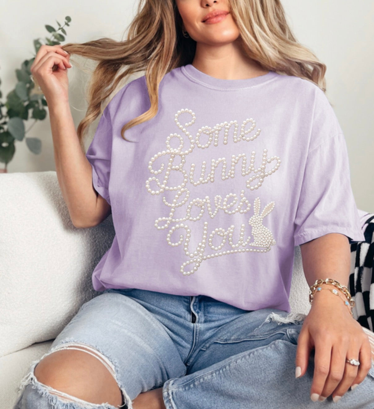 FAUX Pearl Some Bunny Loves You , Easter Bunny , FAUX Pearl, Easter Shirt, Spring, Cute Boho Easter, Coquette Sweatshirt (Website)