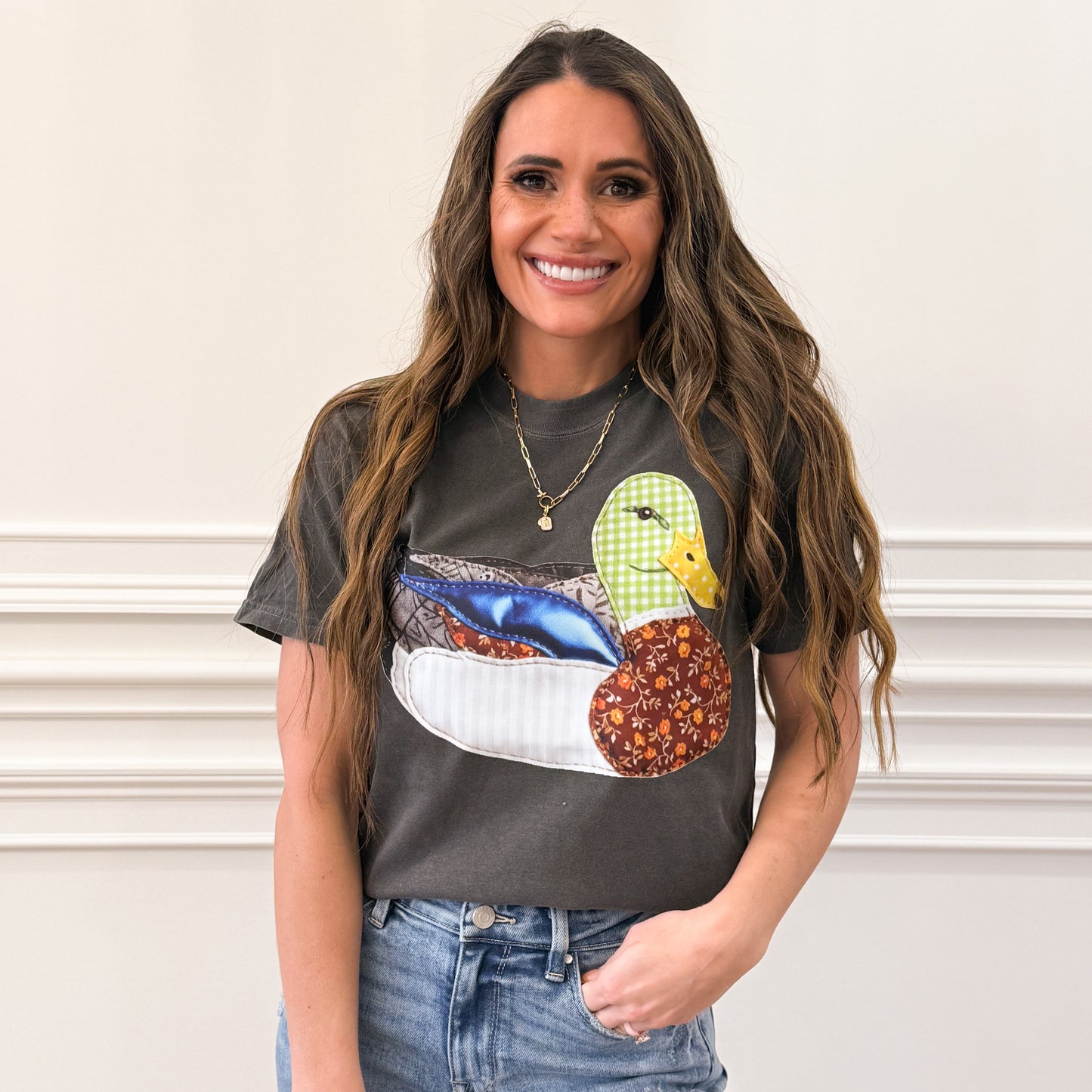 Faux Patchwork, DTF Print, Faux Blue WING, Sitting Mallard Duck (NOT Real Fabric Patches) Sweatshirt (Website)