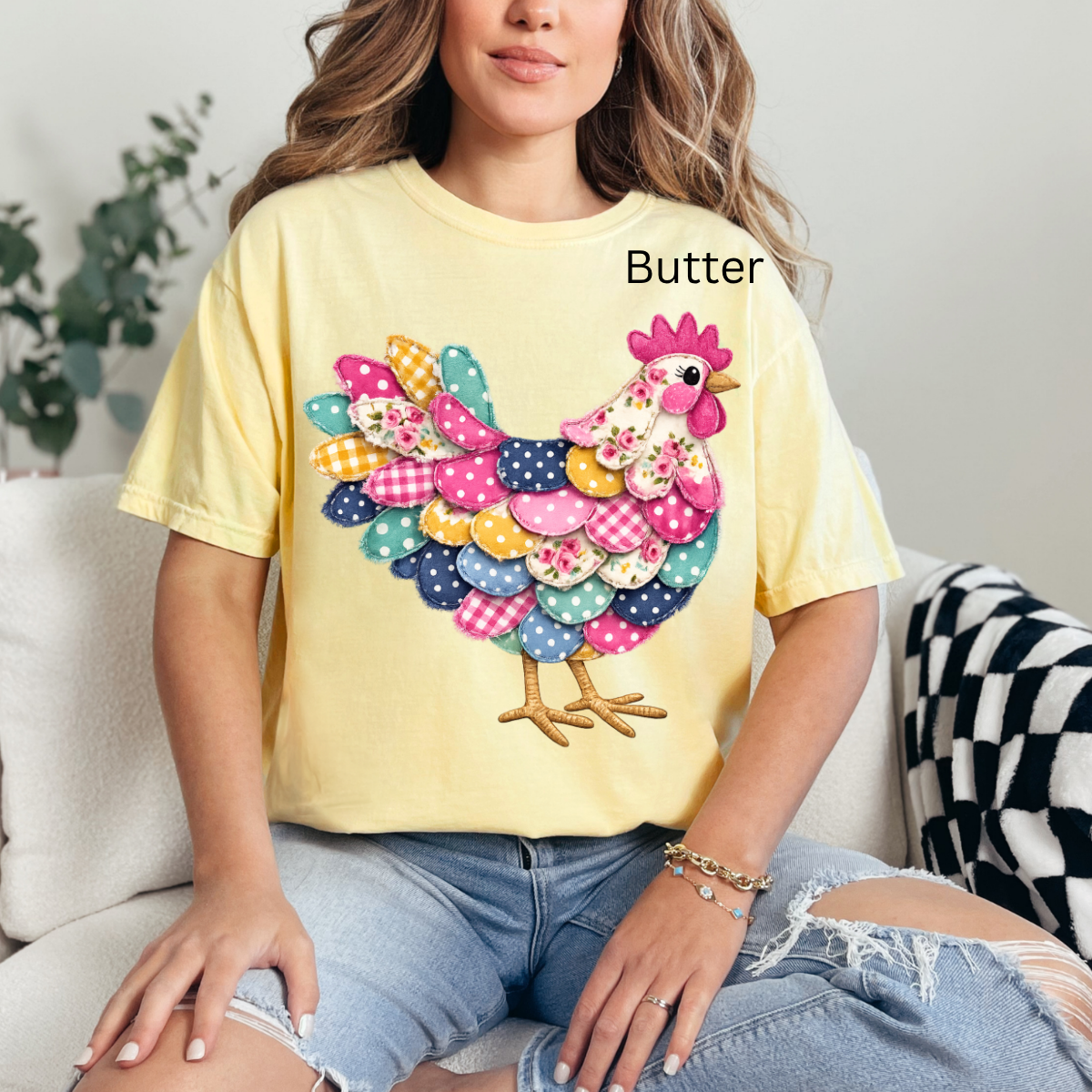 Patchwork Floral Hen, Boutique Farmhouse, Coquette Country Girl, Trendy Farm T-shirt
