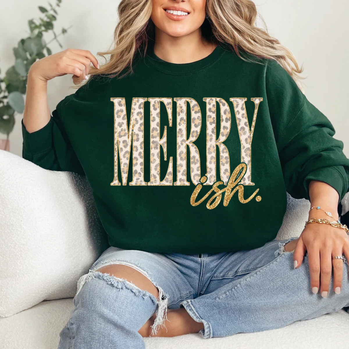 Merry Ish, White Snow Leopard, Merry Letters, Trendy Distressed Sweatshirt