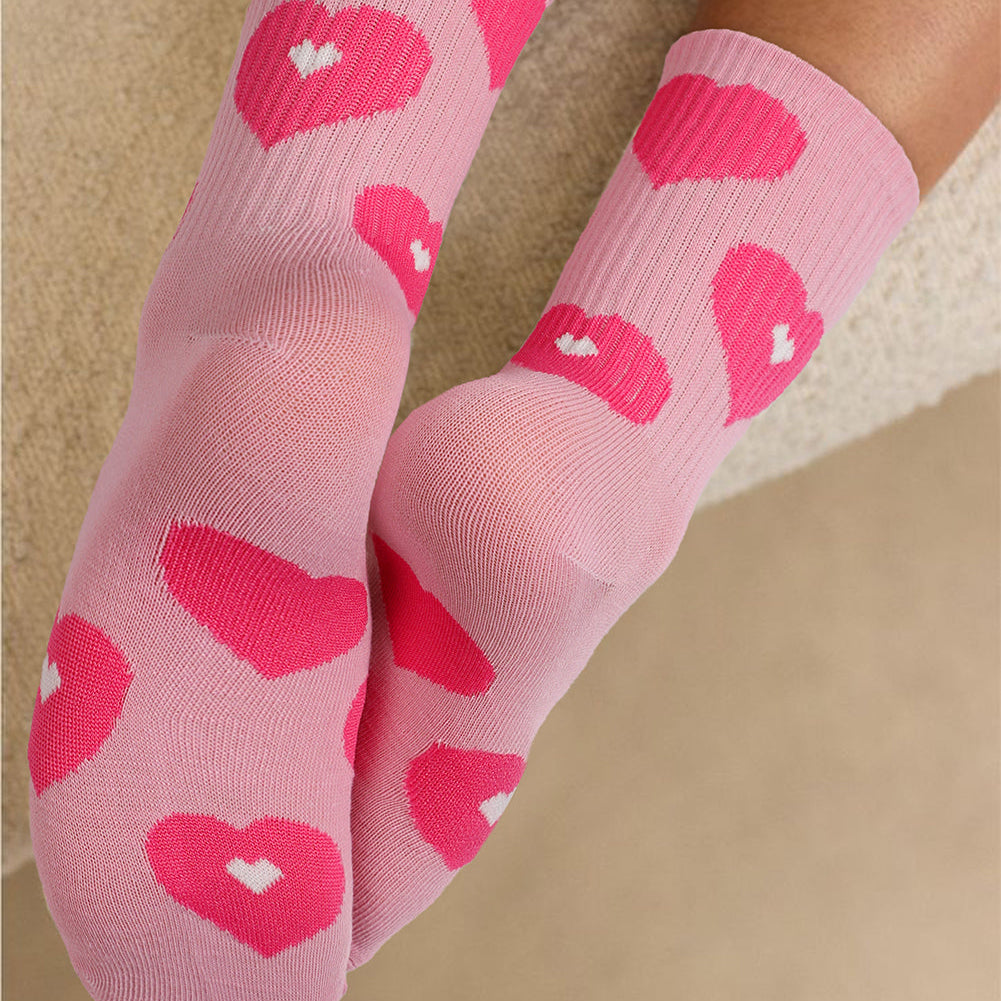 Light Pink Heart Print Ribbed Trim Soft Crew Socks