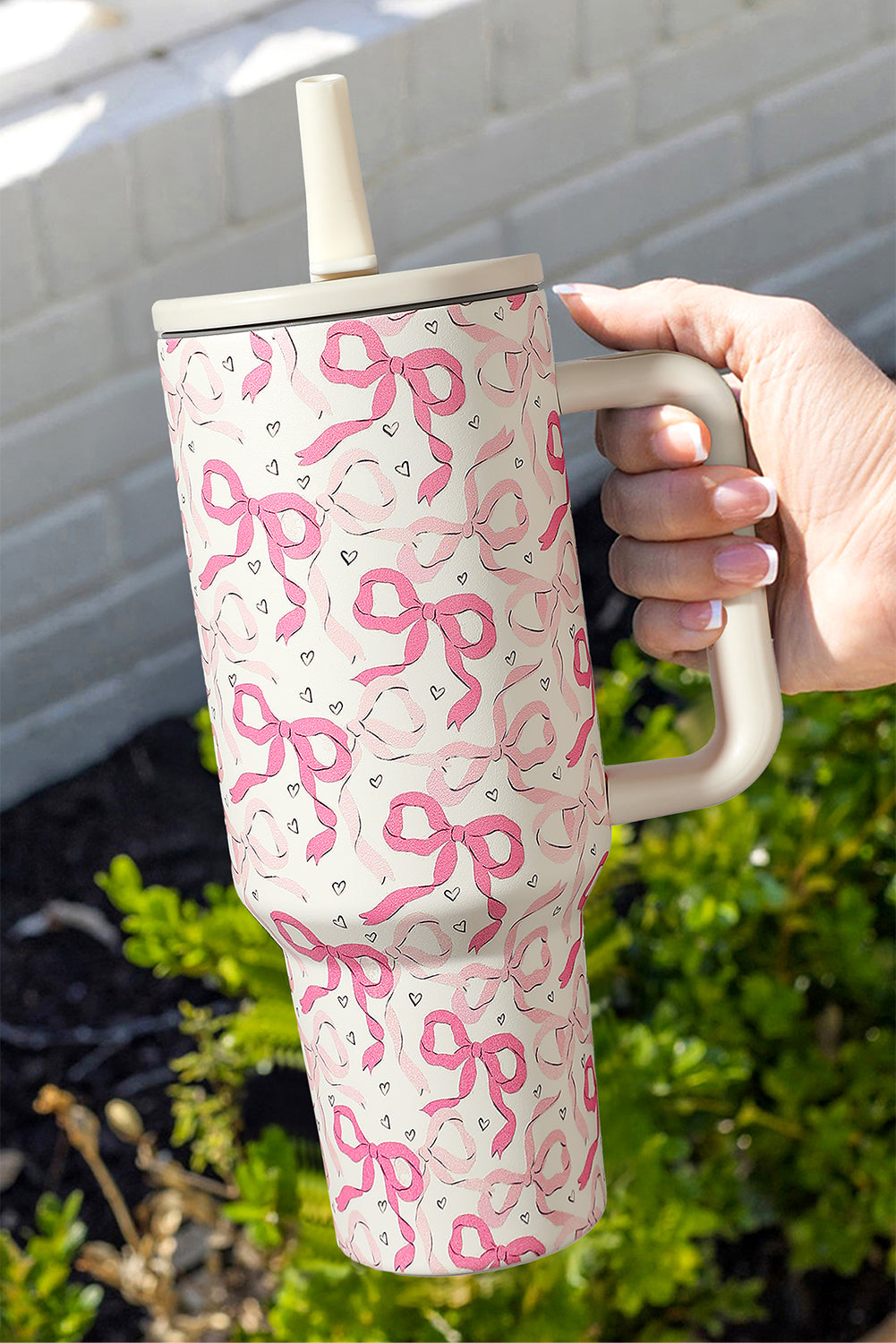 Bright Pink 40oz Cute Bow Print Tiny Heart Flip Straw Handled Vacuum Spill Proof Tumbler