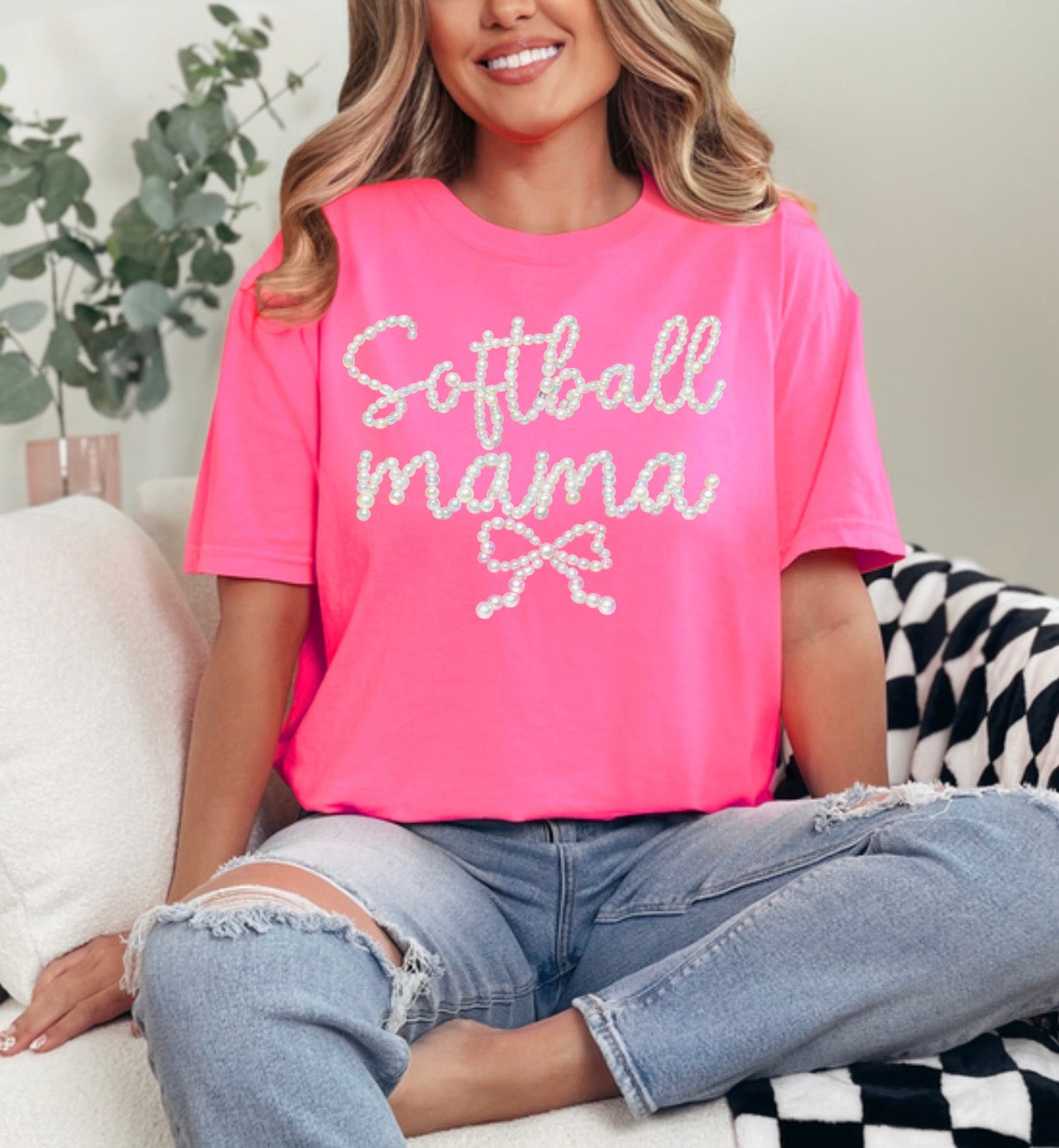 Preppy Baseball And Softball Bow FAUX Pearls, Baseball Game Day, Softball Mom, Sports Mom Design, Faux Pearls Trendy Sweatshirt (Website)