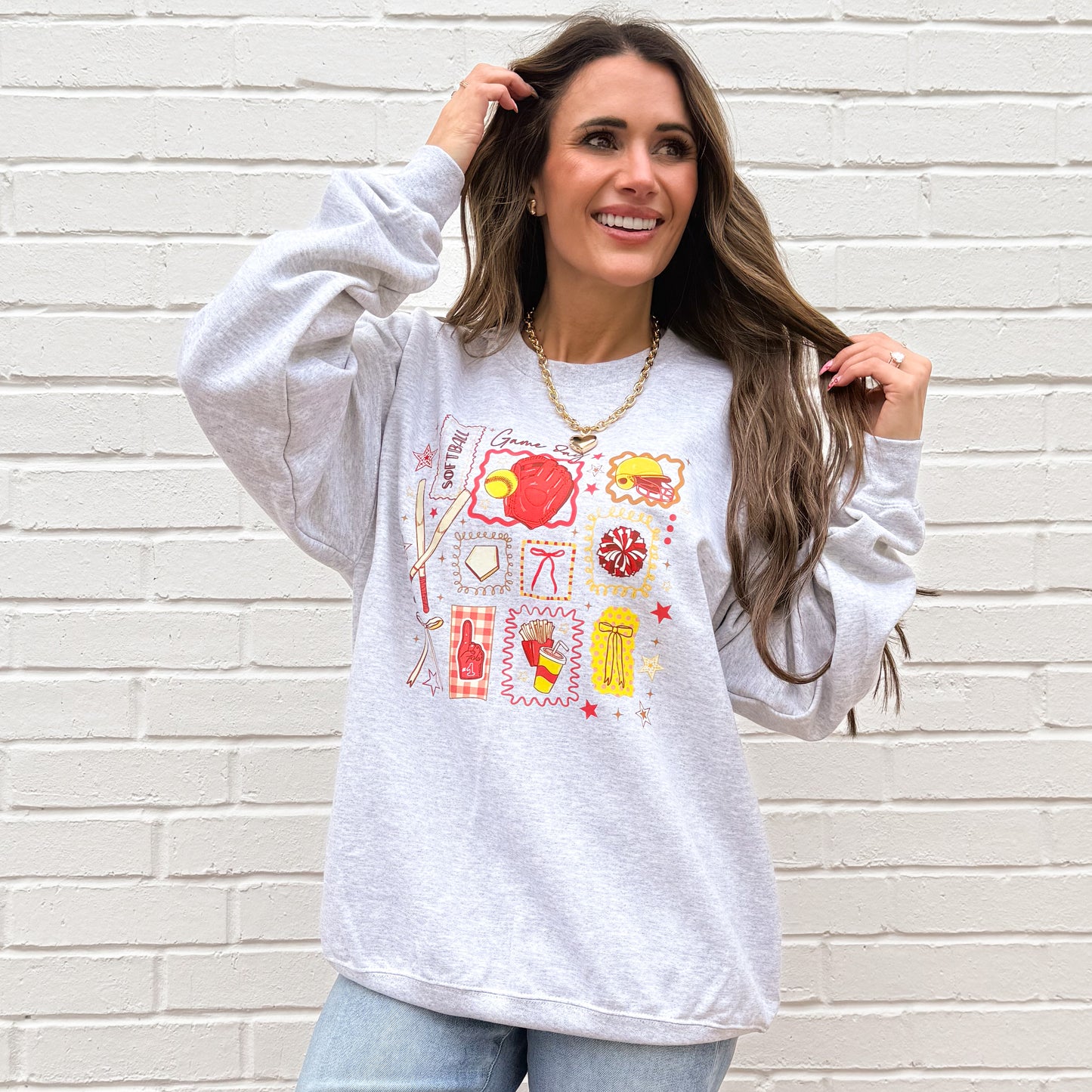 Game Day Baseball And Softball, Cute Sports with Helmet, Bat, Glove & Cheer Icons for Moms Fans, Baseball Doodle, Softball Doodle, Sweatshirt (Website)