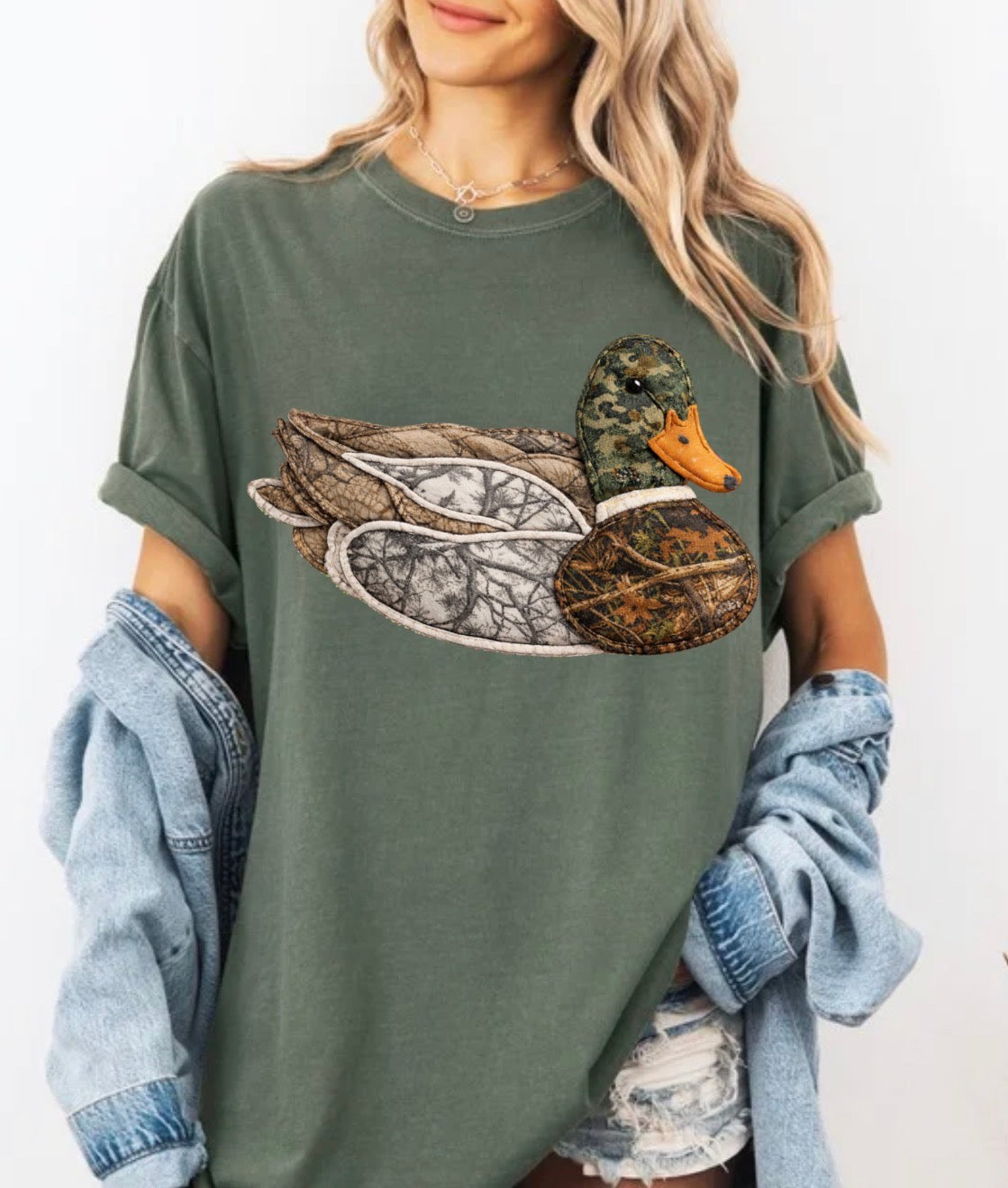 Camouflage Faux Quilted Duck Applique DTF Print | Rustic Hunting Patchwork Duck Design | Realistic Fabric Applique | Country Western