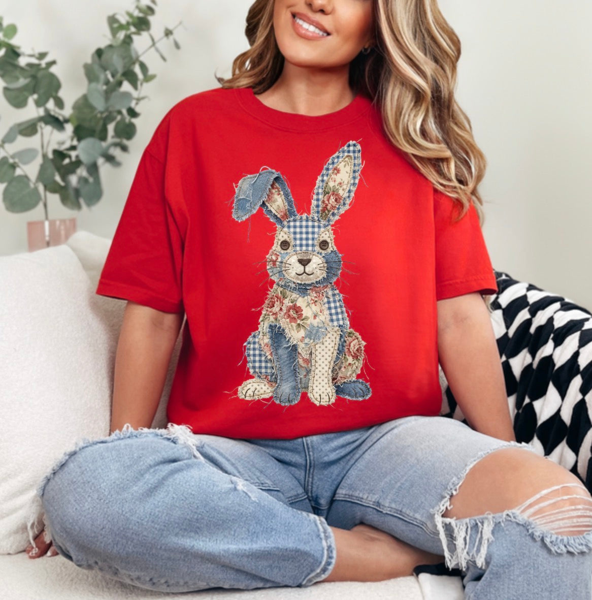 Denim Easter Bunny FAUX Patchwork , Faux Yarn , Shabby Chic, Farmhouse Bunny, Trendy Sweatshirt