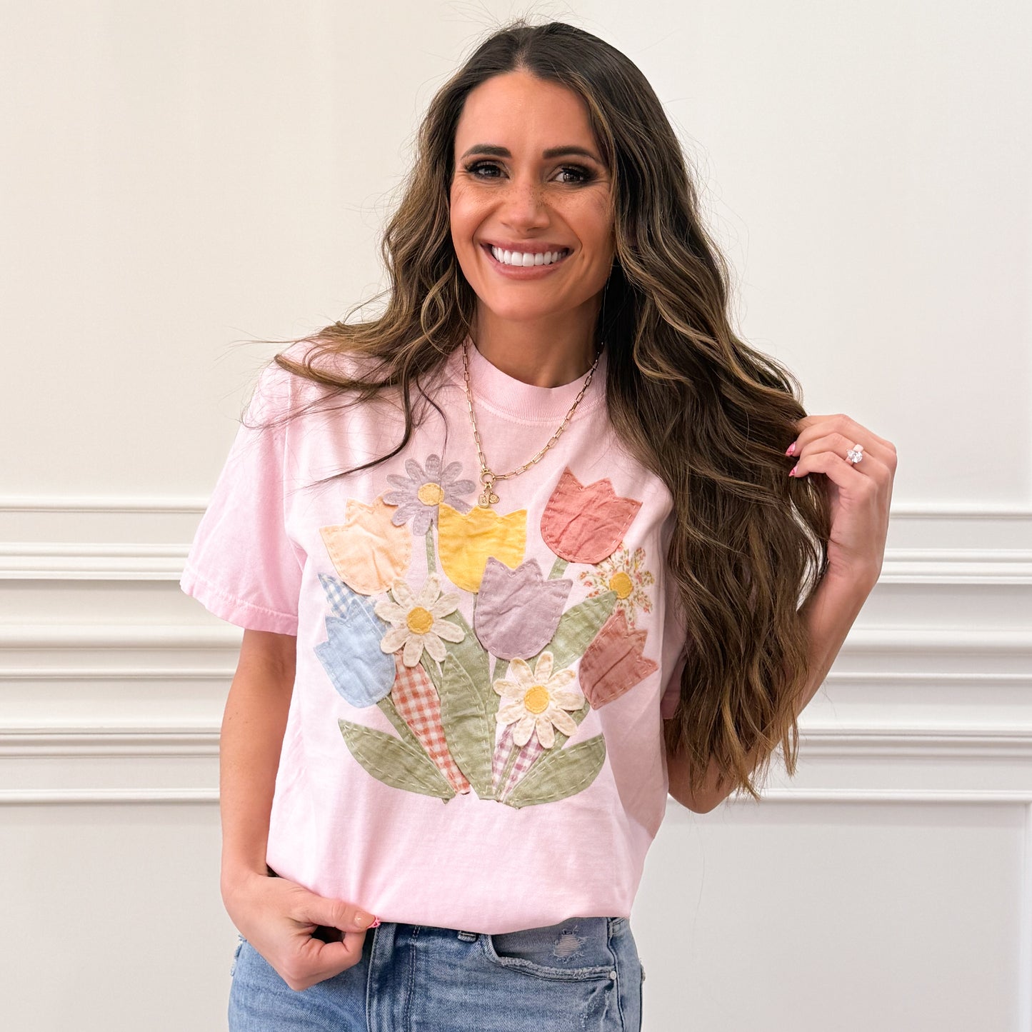 Faux Quilt Style, DTF Print, Tulips & Wildflowers Sweatshirt (NOT Real Fabric Patches) Website