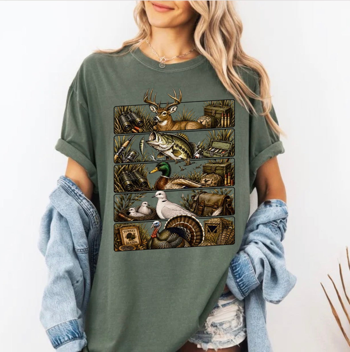 Hunting Season Collage, Deer, Duck, Turkey, Hunting, Fishing, Vintage Outdoorsman T-shirt