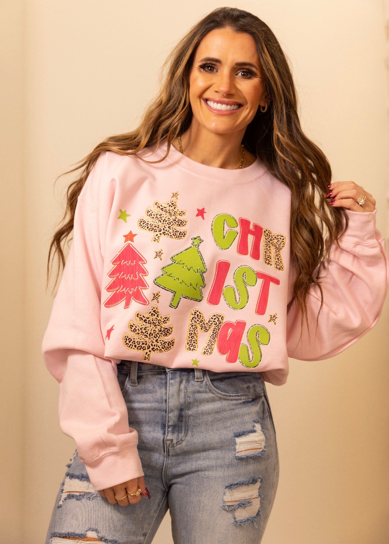 Christmas Doodle, Leopard Christmas Tree, Preppy Christmas, Faux Glitter Holiday Sweatshirt