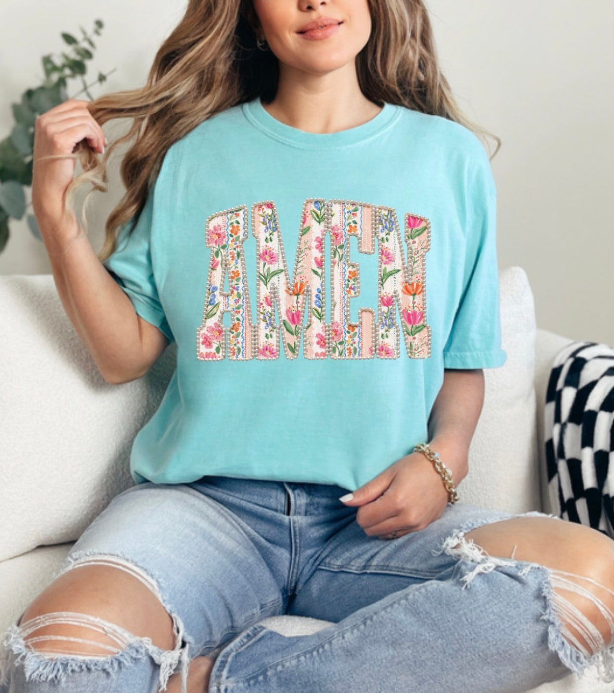 Amen Floral FAUX Pearl, Christian Spring, Vintage Faith Shirt , FAUX Patchwork Flower Lettering Tshirt (Website)