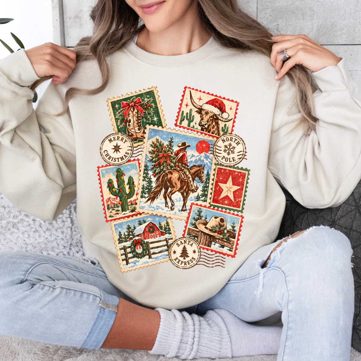 Western Christmas Stamps, Vintage Postal Christmas, Country Christmas, Western Christmas Sweatshirt