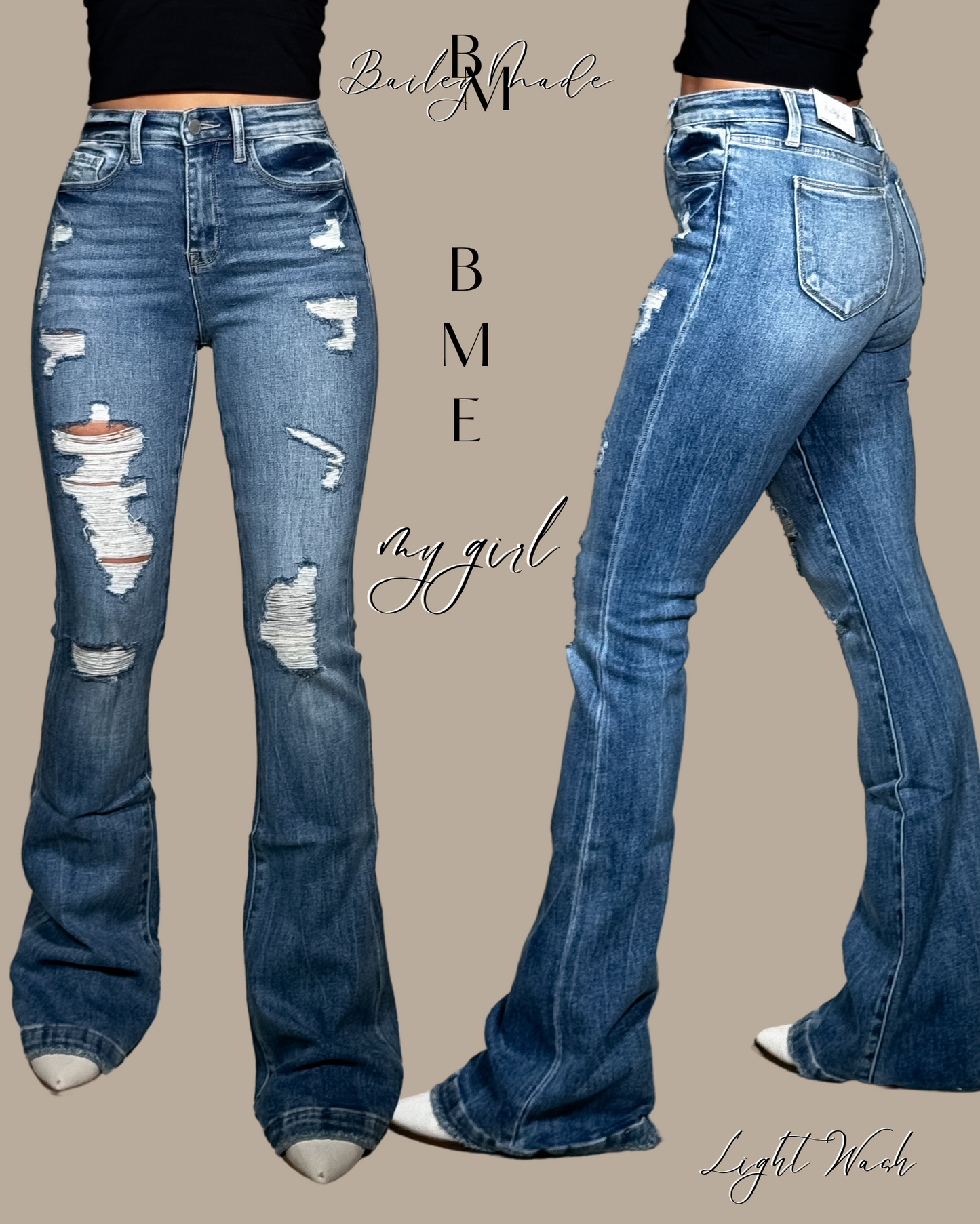 BME DARK Distressed Highrise Flare Jeans