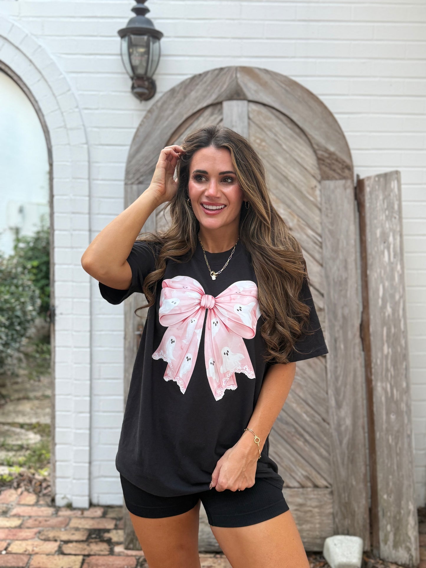 Pink Ghosty Bow Black Tshirt