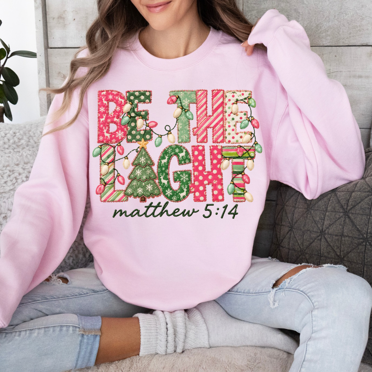 Preppy Be The Light Christmas, Bright Color Christmas, Jesus Christmas, Bible Verse, Christian Christmas Sweatshirt