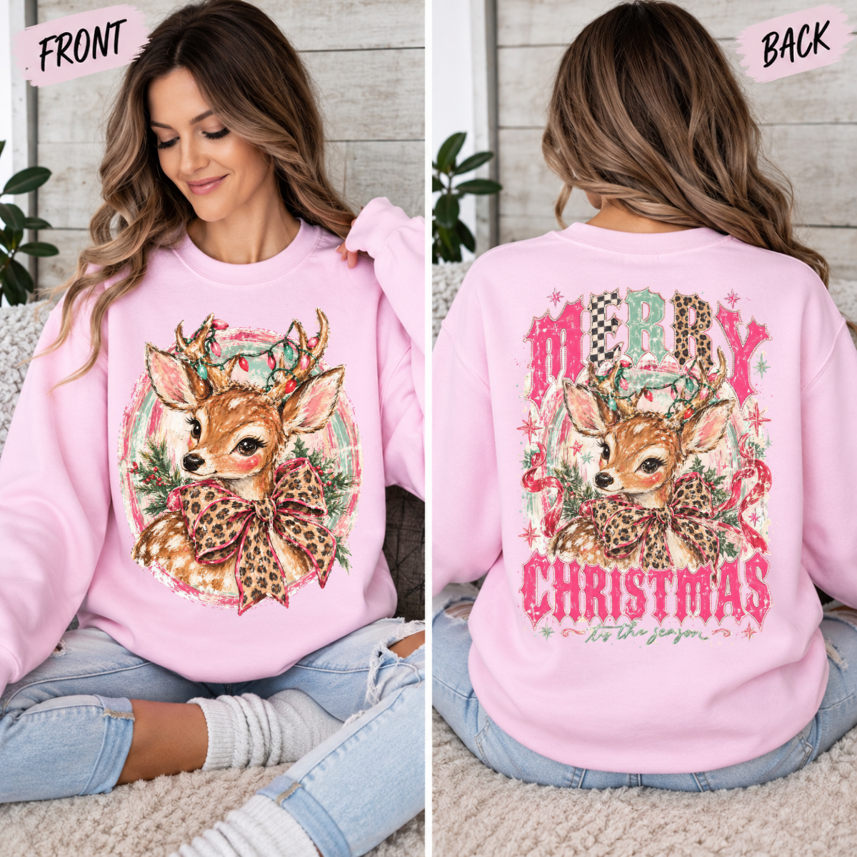 Merry Christmas Reindeer with Leopard Bow, Tis the Season, Retro Holiday, Vintage Christmas, Pink Christmas Sweatshirt