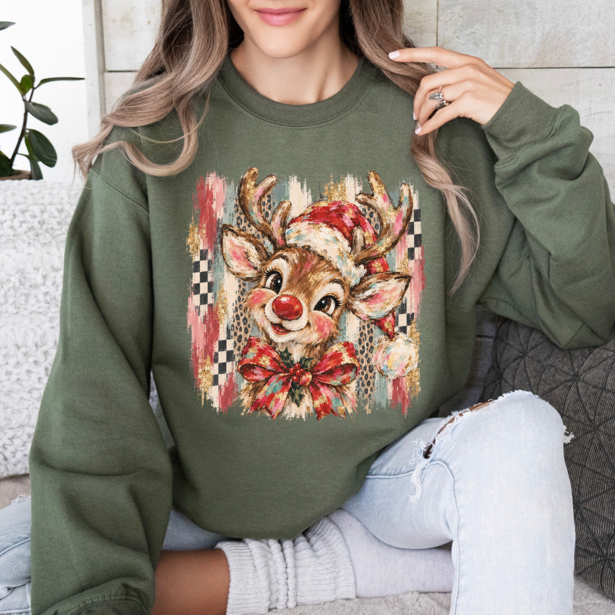 Preppy Christmas Reindeer, Retro Reindeer, Preppy Bow Checker, Leopard Brush Stroke, Distressed Christmas Sweatshirt