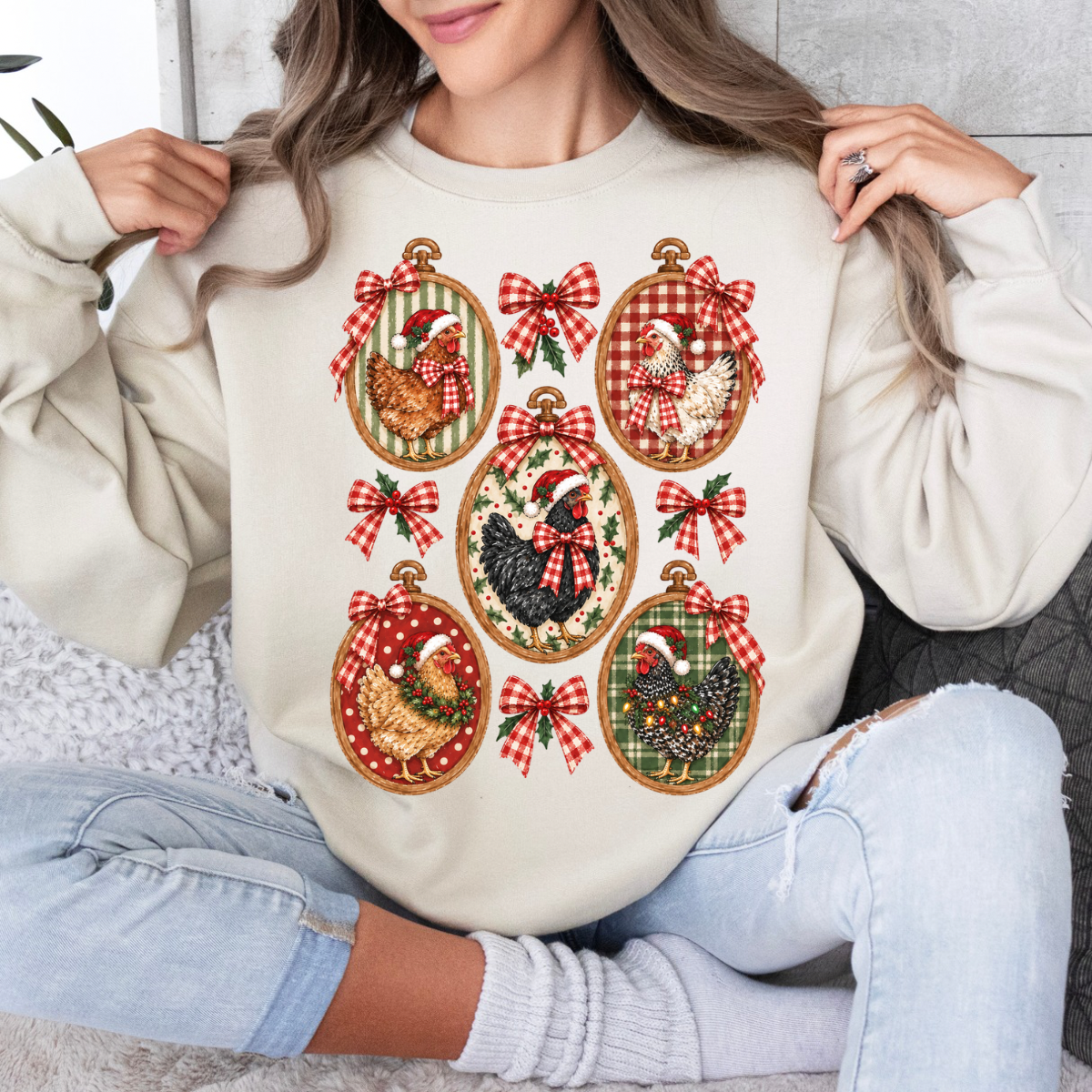Christmas Chicken Frames, Vintage Farmhouse, Chickens in Oval Frames, Red Gingham Bow, Rustic Holiday Sweatshirt
