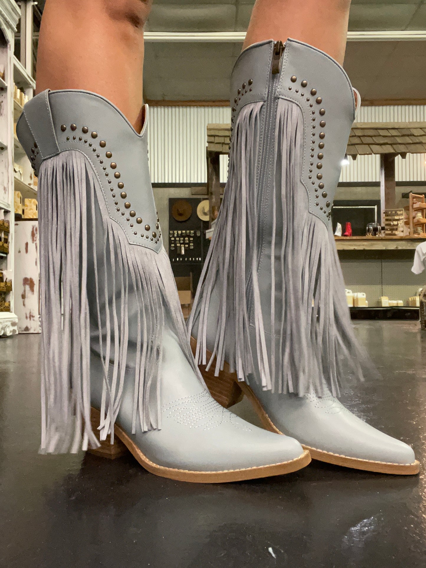 Powder Blue Fringe Western Boots