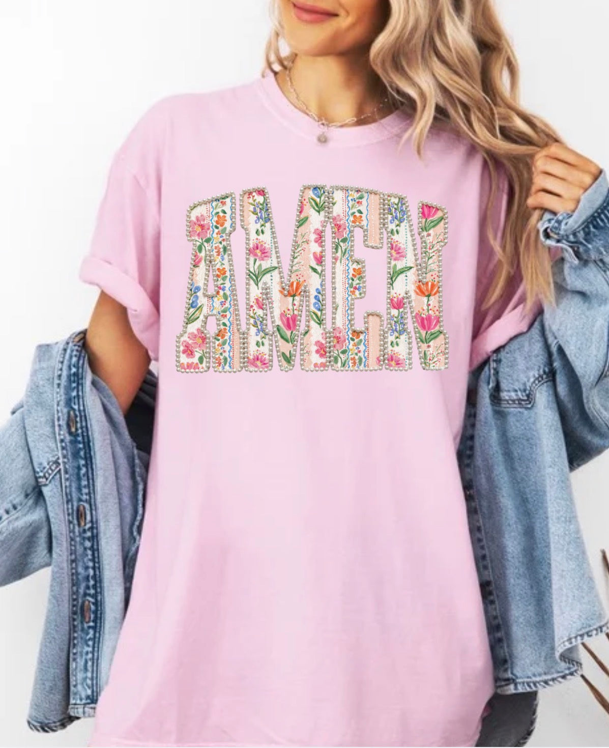 Amen Floral FAUX Pearl, Christian Spring, Vintage Faith Shirt , FAUX Patchwork Flower Lettering Tshirt (Website)