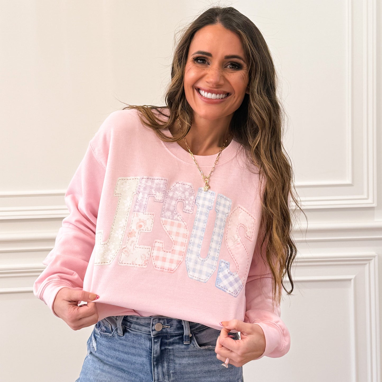 Faux Quilted Jesus , Faux Quilted Religious, Faux Embroidered Christian, Varsity Faith (NOT Real Fabric Patches) Sweatshirt (Website)1