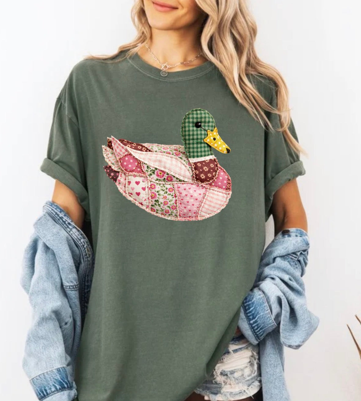 FAUX Pink DTF Print Quilted Mallard Duck,  Patchwork Duck, Pink Mallard Duck (NOT Real Fabric Patches) T-shirt