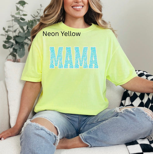 Leopard Mama, Mama Shirt,  Leopard Print, Girly,  Neon Blue, Trendy Summer Mama T-shirt