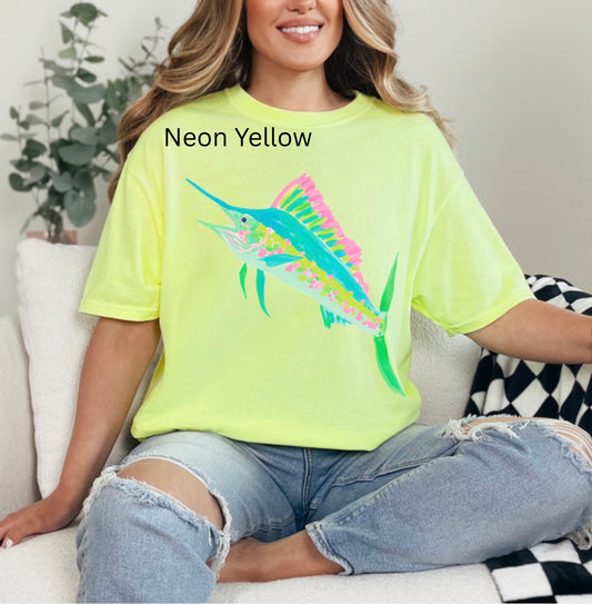 Preppy Sailfish, Coastal Fish, Watercolor Marlin, Tropical Fishing, Beach Shirt, Summer Ocean, Trendy Neon Summer T-shirt