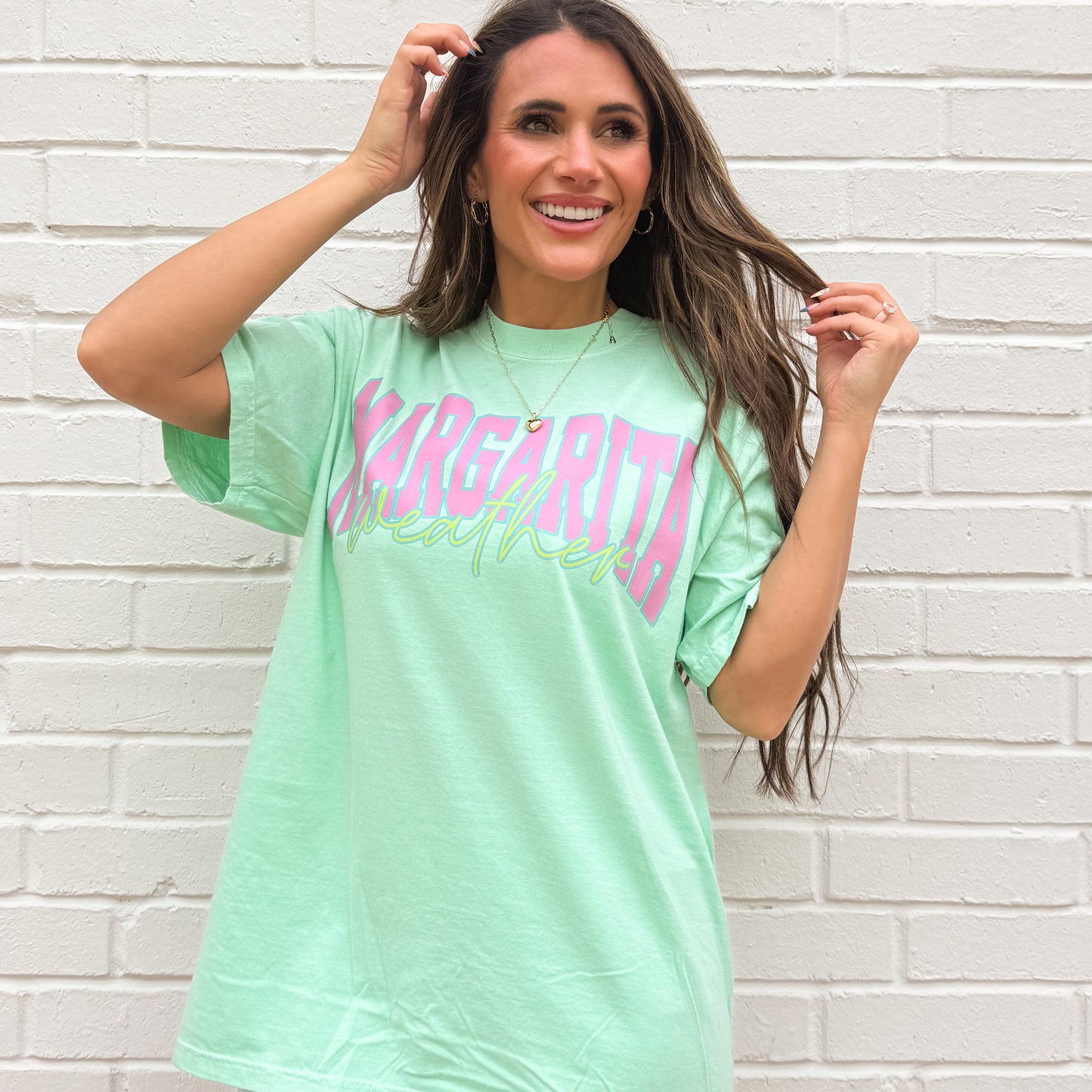 Margarita weather Distressed Varsity, Summer Shirt, Trendy Summer, hot pink, teal, Aesthetic Summertime Distressed T-shirt (Website)