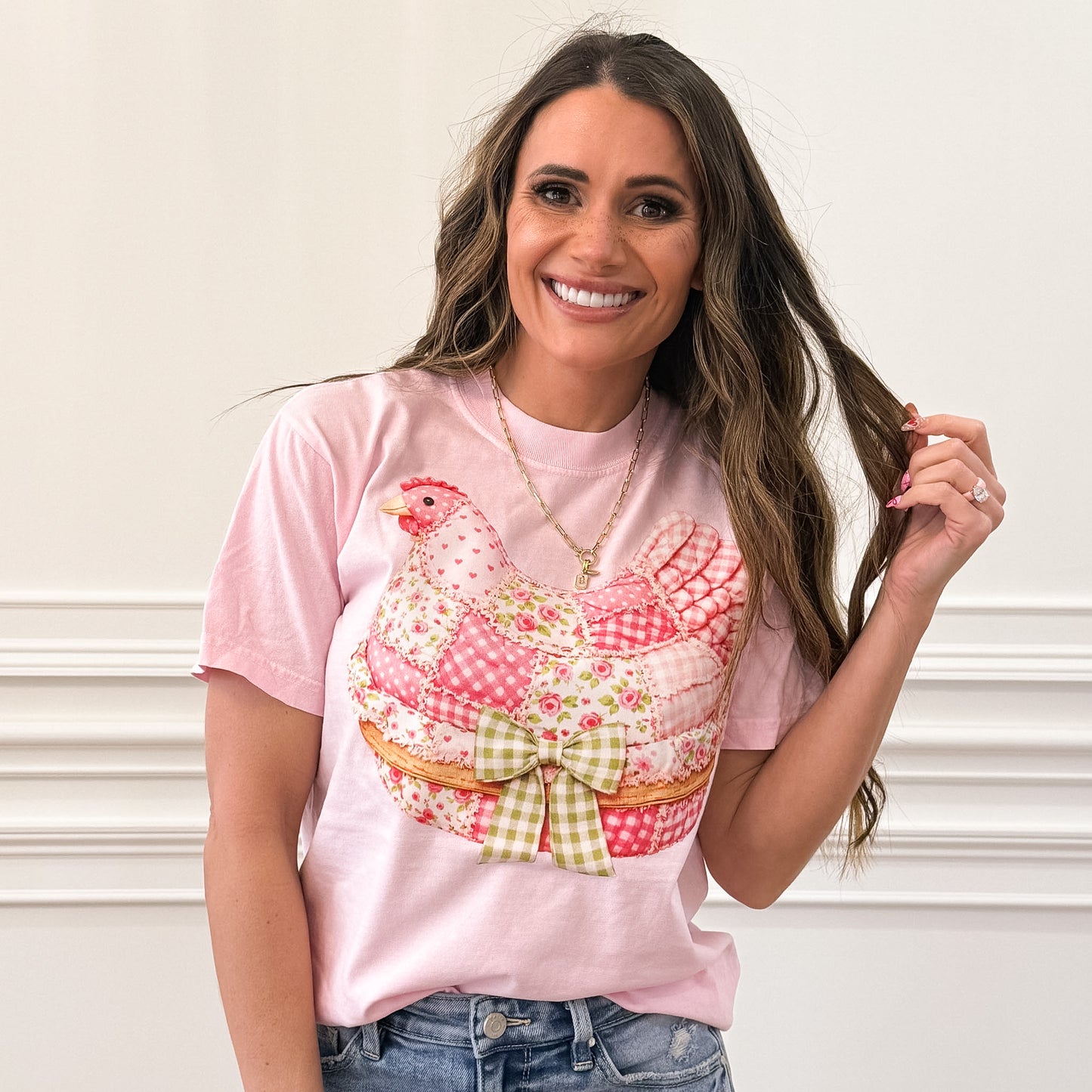 Pink Floral Faux Quilted Patchwork Chicken DTF Print, Grandma Core Hen , 90s Inspired Stitched, Thrifted Style Granny, Cozy Quilt Sweatshirt (NOT Real Fabric Patches) (Website)