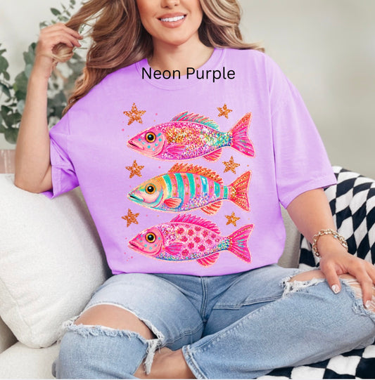 Preppy Fish W/ Stars, Summer, Coastal Maximalist,  Girly Beach Shirt, Trendy Colorful T-shirt